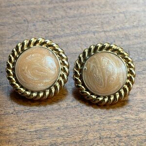 Vintage Gold and creamy Swirl enamel clip Earrings